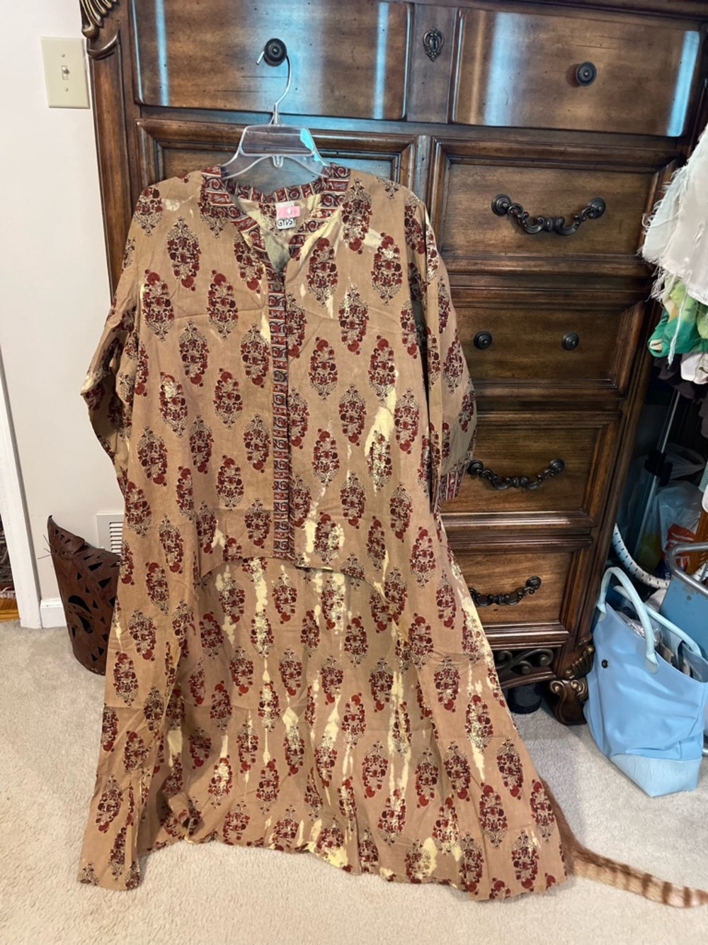 Bohemian Floral Tunic Dress in Tan and Burgundy